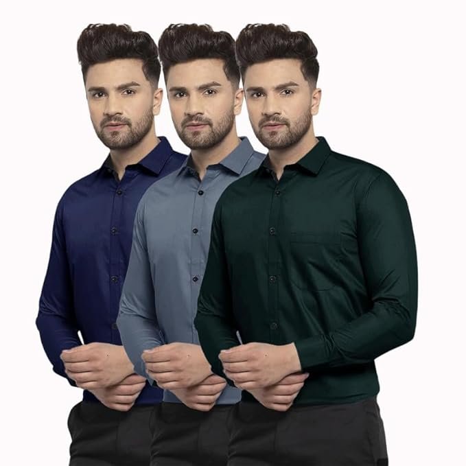 Combo Shirt Cotton Stylish Spread Collar Long Sleeve Shirt Formal Wear Pack of 3 L Size