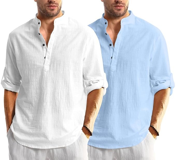 Men's Solid Cotton Blend Regular Fit Full Sleeve Mandarin Collar Straight Short Kurta Shirt, Combo Pack of 2 XL Size